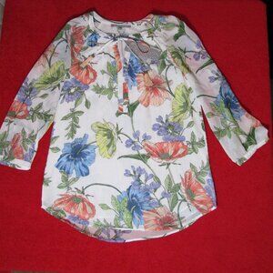 Daniel Rainn Floral Blouse Top Smocking Sheer Long Sleeves